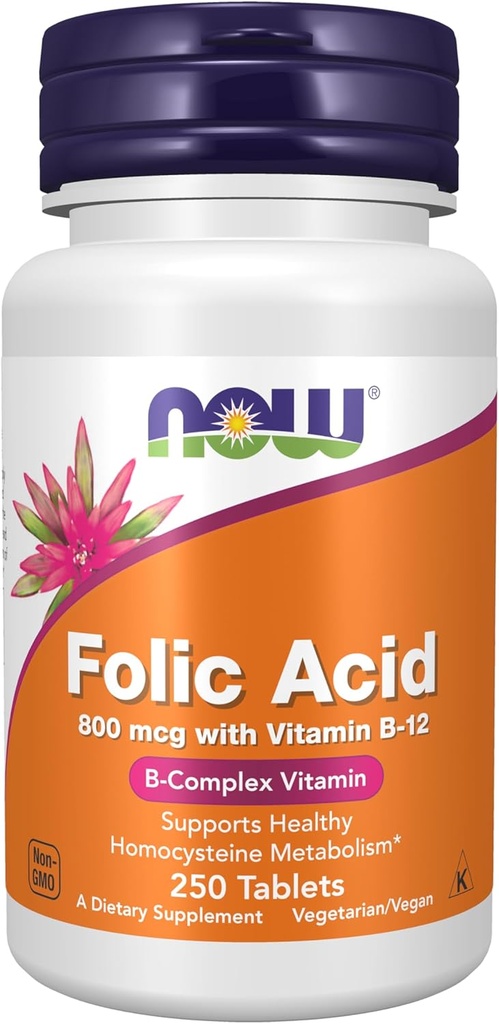 NOW Folic Acid 800 mcg with Vitamin B-12,250 Tablets