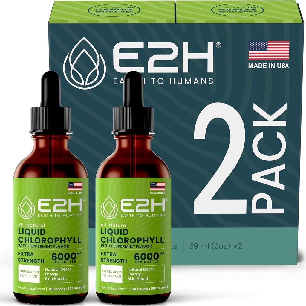 E2H Chlorophyll Liquid Drops - Natural Energy Booster, Immune System Support and Internal Deodorant - Peppermint Flavor - (2 Bottles)