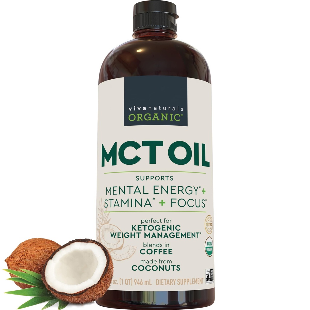 Viva Naturals Organic MCT Oil, 32 fl oz – MCT Oil for Coffee, USDA Organic, Non-GMO, Paleo Certified & Keto Friendly, Supports Energy & Mental Clarity