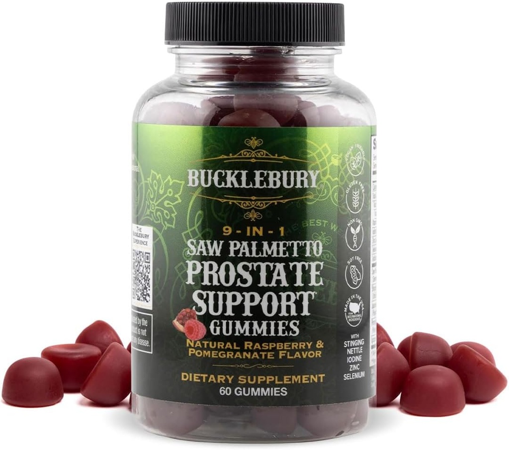 BUCKLEBURY 9-in-1 Natural Saw Palmetto Gummies with Raspberry & Pomegranate Flavor - Plant-Based Prostate Support Supplements for Mens Bladder Health, Hair Growth & Urinary Support - 60 Gummies