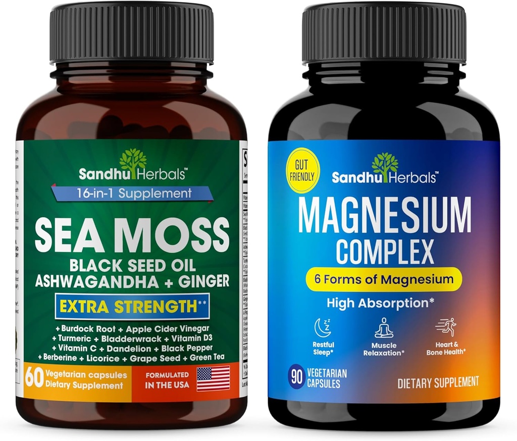 SANDHUHERBALS Sandhu Herbals Sea Moss & Magnesium 6 in 1 Complex Supplement Combo | Supports Immune, Digestive Health & Restful Sleep