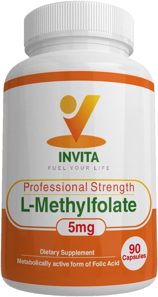 INVITA L-Methylfolate - Professional Strength Active Methyl Folate - 5-MTHF Supplement for Energy, Mood & Immune Support - Non GMO, Gluten Free, No Fillers (5 Mg)