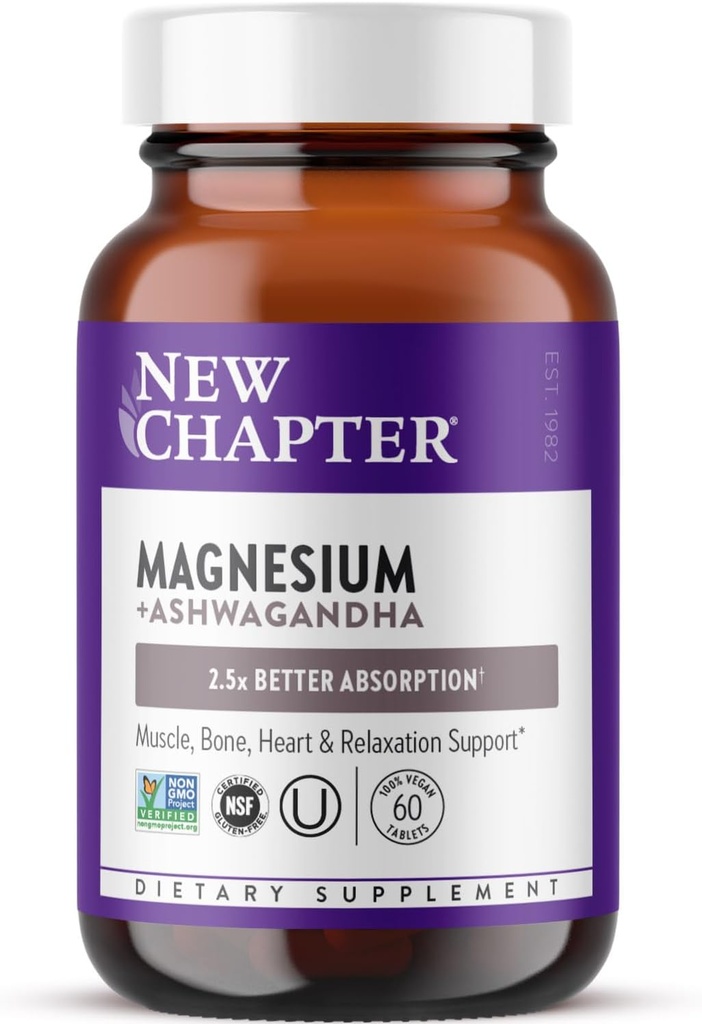 New Chapter Magnesium + Ashwagandha Supplement, 325 mg with Magnesium Glycinate for Muscle Relaxation & Recovery, Heart, Nerve & Bone Health, 2.5X Absorption, Non-GMO - 60 ct (2 Month Supply)