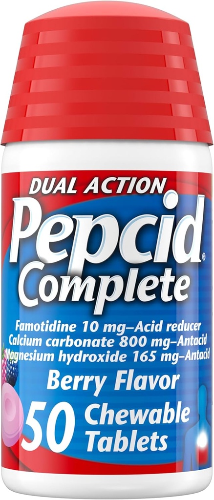 Pepcid Complete Acid Reducer + Antacid Chewable Tablets, Heartburn Relief, Berry, 50 ct (Package May Vary)