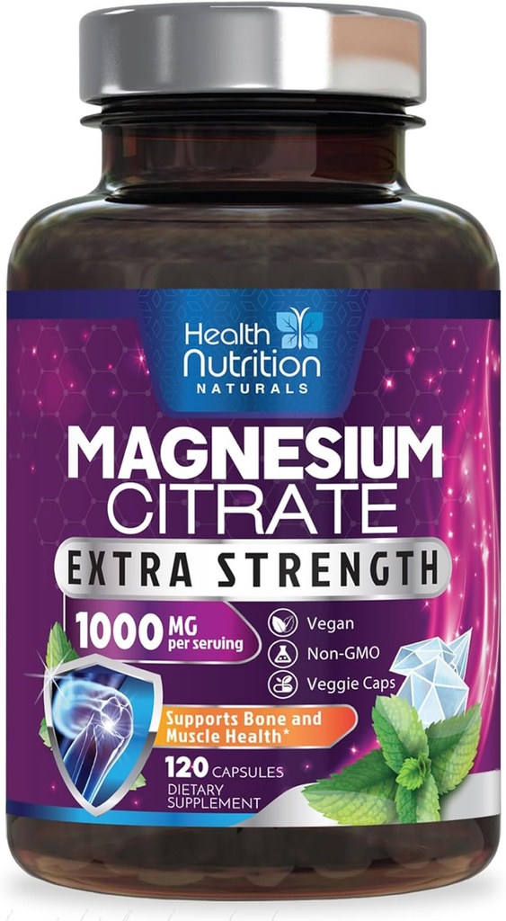 Magnesium Citrate Capsules 1000mg - Max Absorption Magnesium Powder for Muscle, Nerve, Bone and Heart Health Support, High Absorption Citrate Complex, Gluten Free, Non-GMO - 120 Capsules