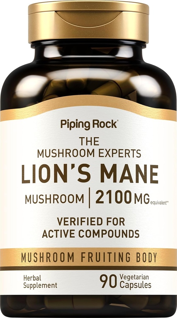 Piping Rock Lions Mane Supplement Capsules | 2100mg | 90 Count | Mushroom Fruiting Body Extract for Men and Women | Hericium Erinaceus | Vegetarian, Non-GMO, Gluten Free