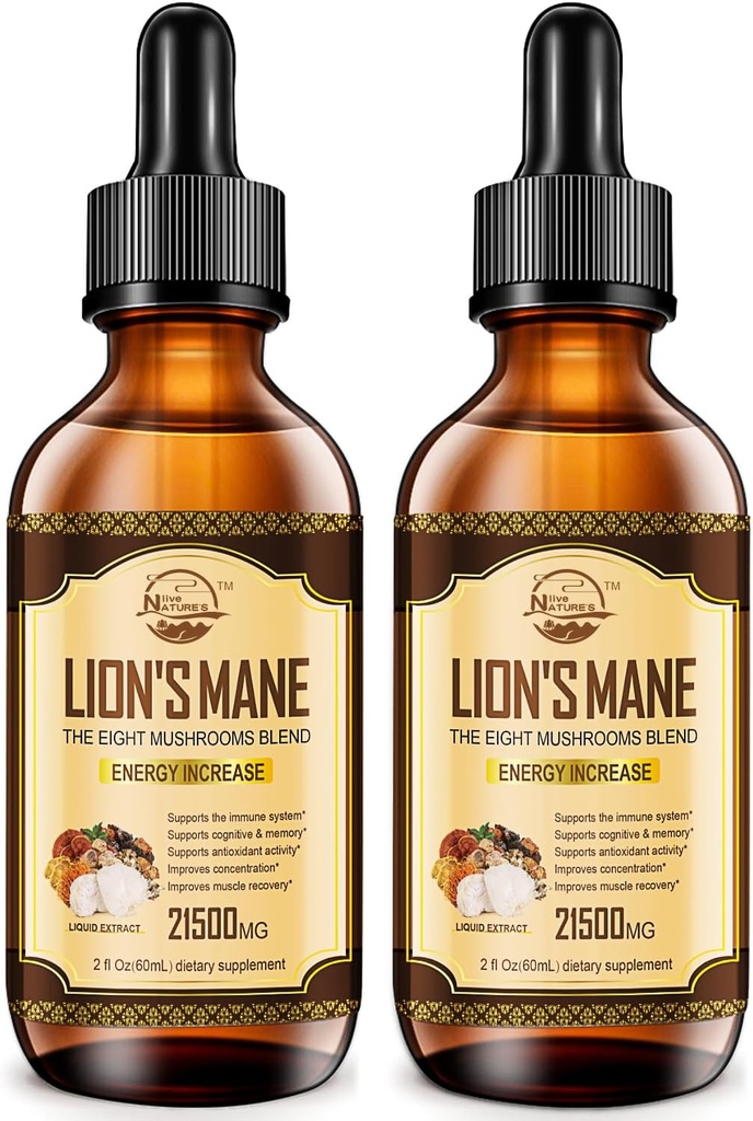 Nature's live Lions Mane Supplement, Liquid Mushroom Extract Drops, 8 Mushrooms Complex for Immune System, Memory, Focus Boost, Mushroom Supplement with Lion's Mane, Cordyceps, Reishi, Vegan, 2 Pack