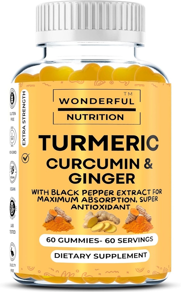 Elevate Your Wellness Journey Turmeric, Curcumin, and Ginger Gummies: A Superfood Supplement Enriched with Black Pepper Extract - 60 Gummies