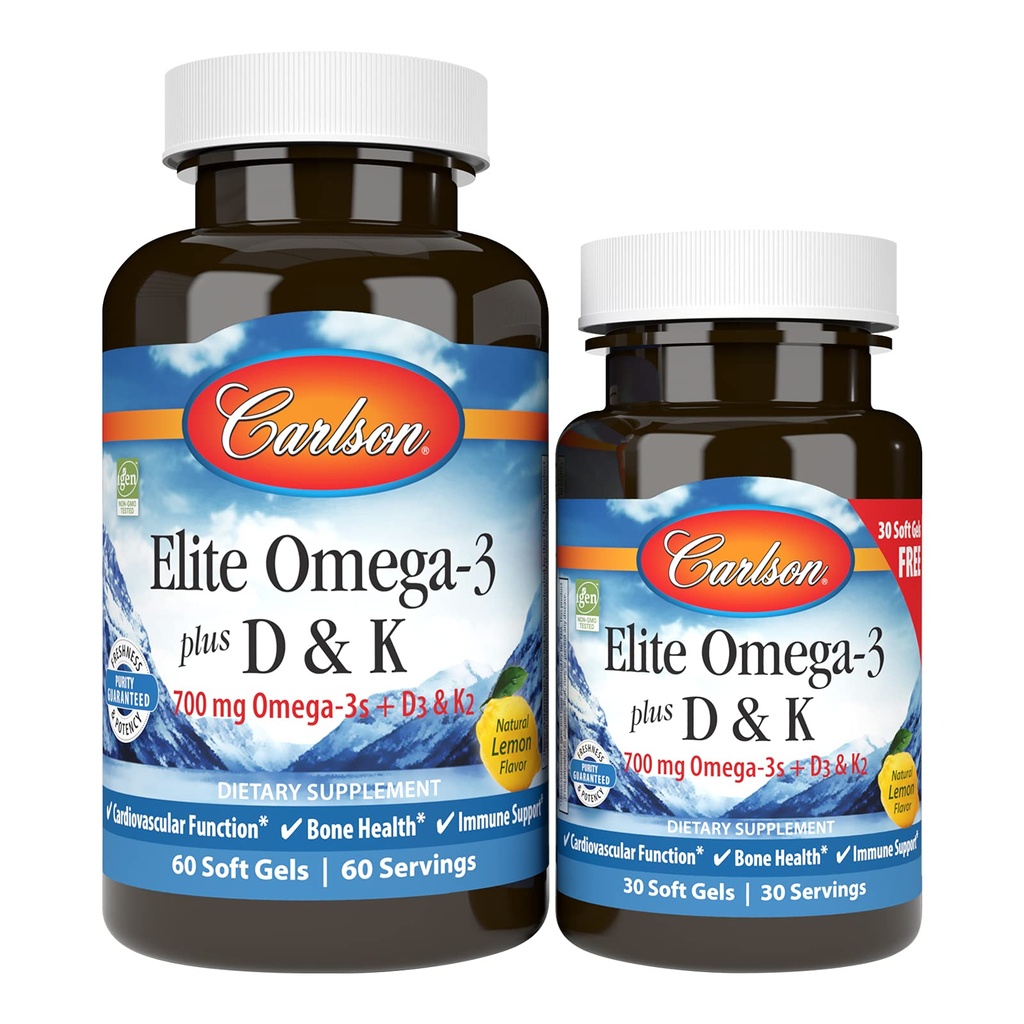 Carlson - Elite Omega-3 Plus D & K, 700 mg Omega-3s + D3 & K2, Function, Bone Health & Immune Support, Lemon, 60+30 Softgel