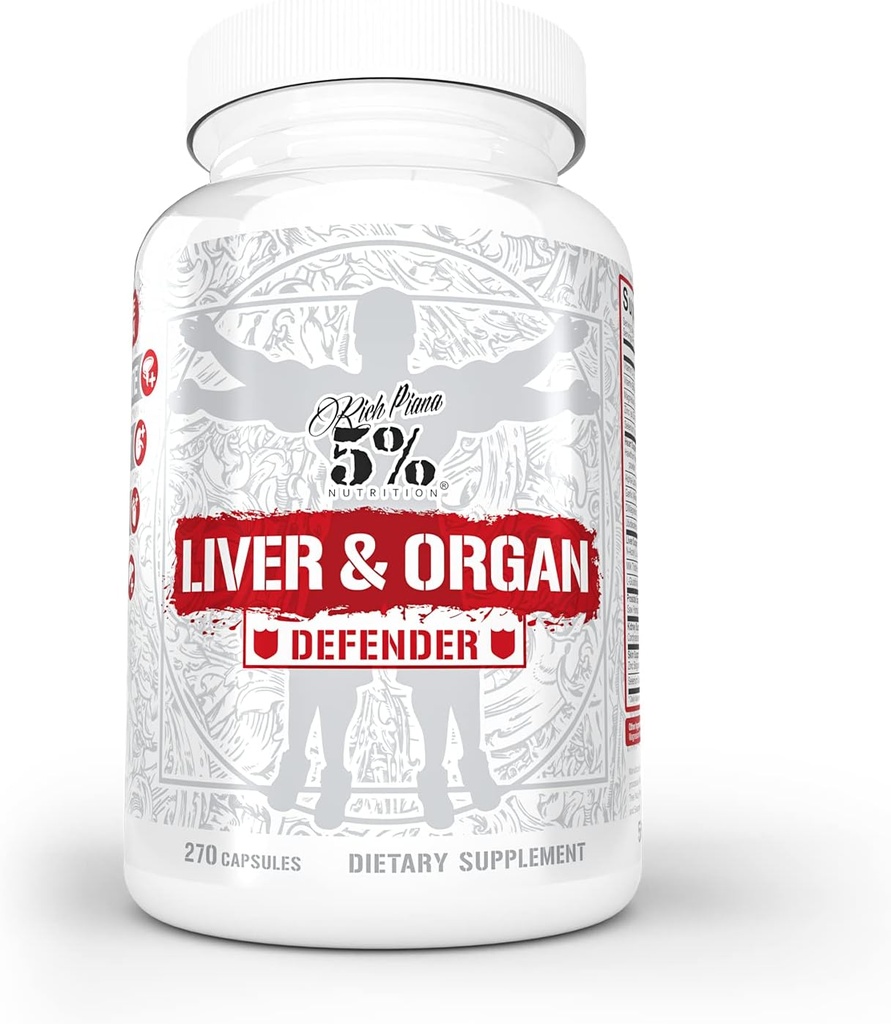 5% Nutrition Rich Piana Liver & Organ Defender Cycle Support Plus NAC | Liver Support, Prostate Supplement, Heart, Kidney, Skin Support | Milk Thistle, Saw Palmetto, Hawthorn Berry (30-90 Servings)