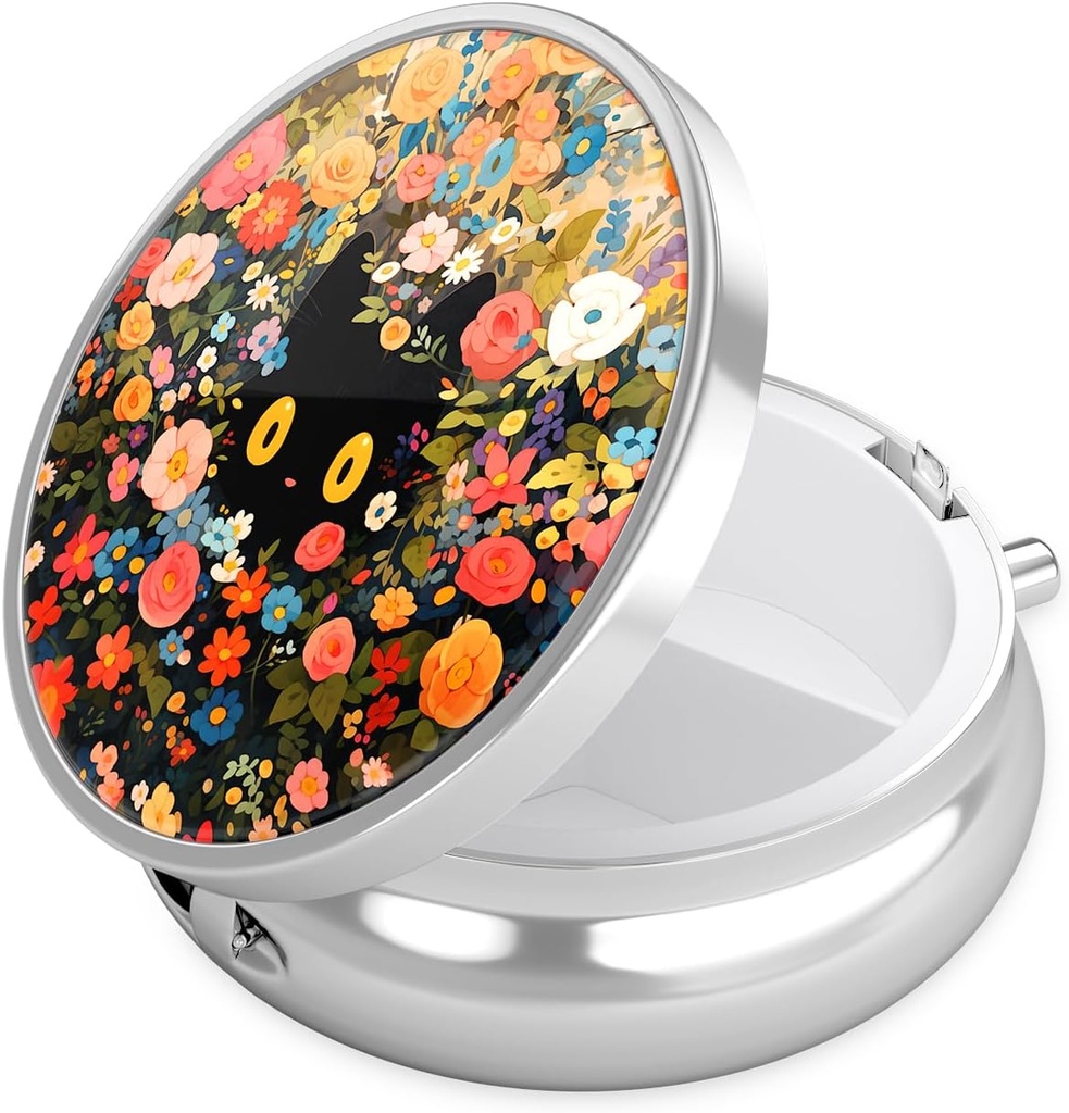 Nipichsha Pill Box, Small Pill Case for Purse & Pocket, Cute Travel Medicine Organizer, Portable Medicine Container Holder to Hold Vitamins, Medication, Fish Oil & Supplement, Flower Cat