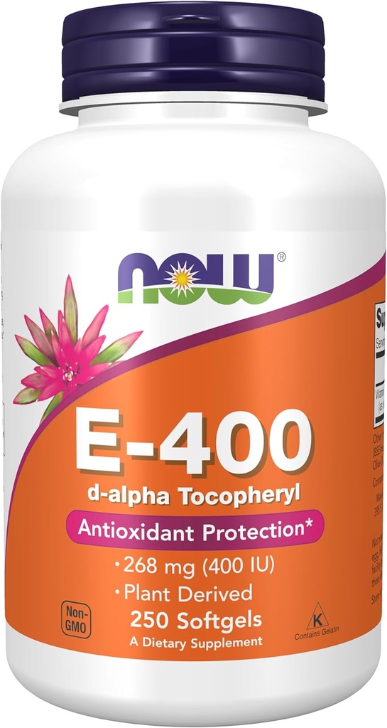 NOW Foods Supplements, Vitamin E-400 IU, D-Alpha Tocopheryl, Antioxidant Protection*, 250 Softgels