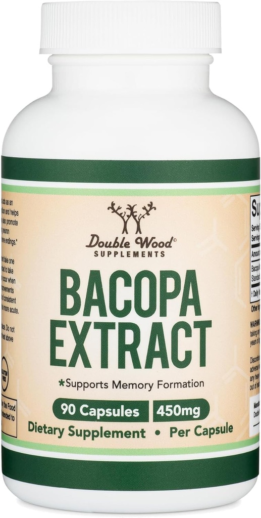 Bacopa Monnieri Capsules 20% Bacosides 450mg, 90 Count (Non-GMO, Gluten Free) Brahmi Extract (Memory Supplement for Brain Health, Focus, and Cognitive Function) by Double Wood