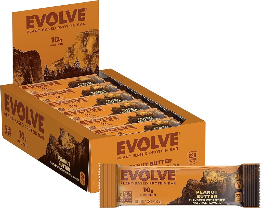 Evolve Plant Based Protein Bar, Peanut Butter, Dairy Free, No Artificial Flavors, Non-GMO, Packaging May Vary, 10 g,12 Count (Pack of 1)