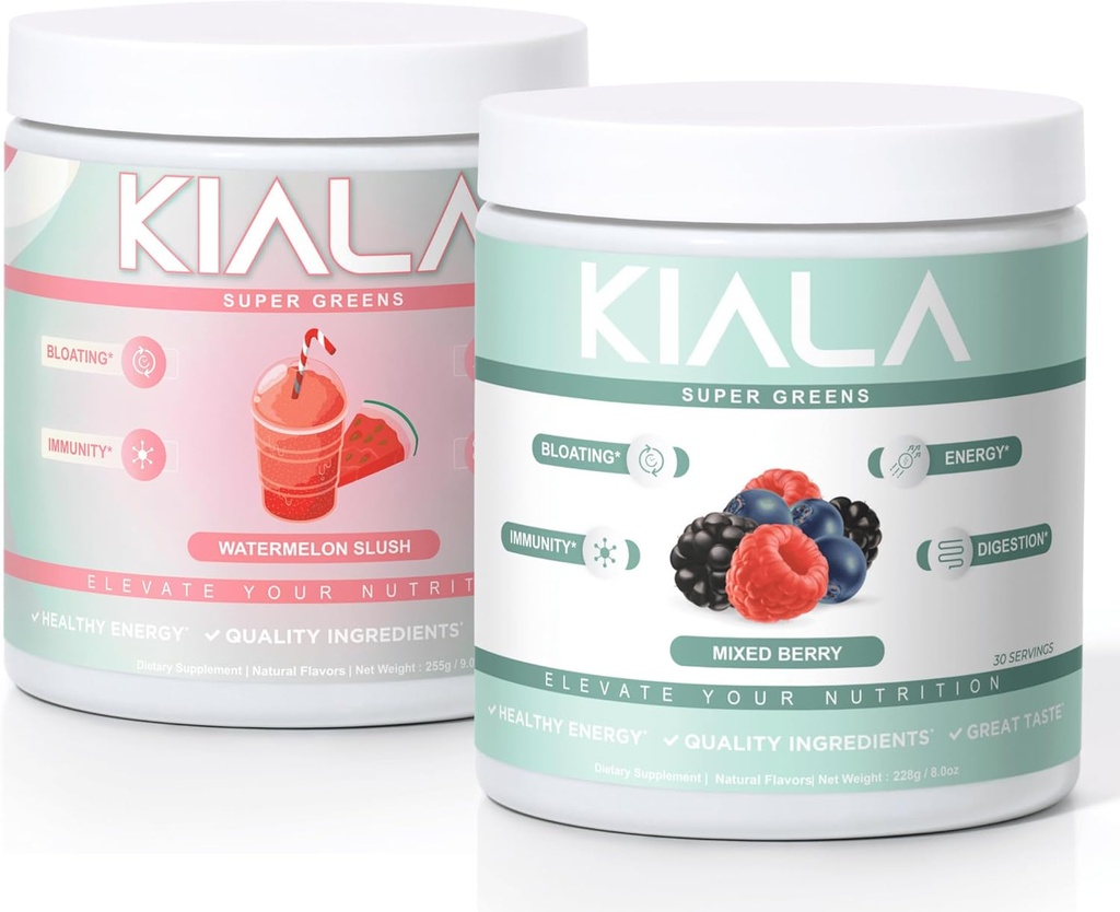 Kiala Nutrition Super Greens, Organic Greens Powder, Spirulina & Chlorella Superfood Powder, Sugar & Gluten Free Vegan, Spectra Blend, Watermelon & Mixed Berry 2 Pack