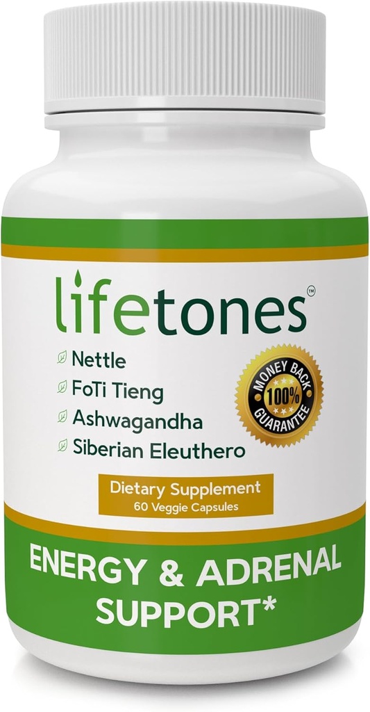 Lifetones Energy & Adrenal Support Capsules - Natural Energy Boost, Stress Relief, and Adrenal Health Formula - 60 Vegan Vitamins
