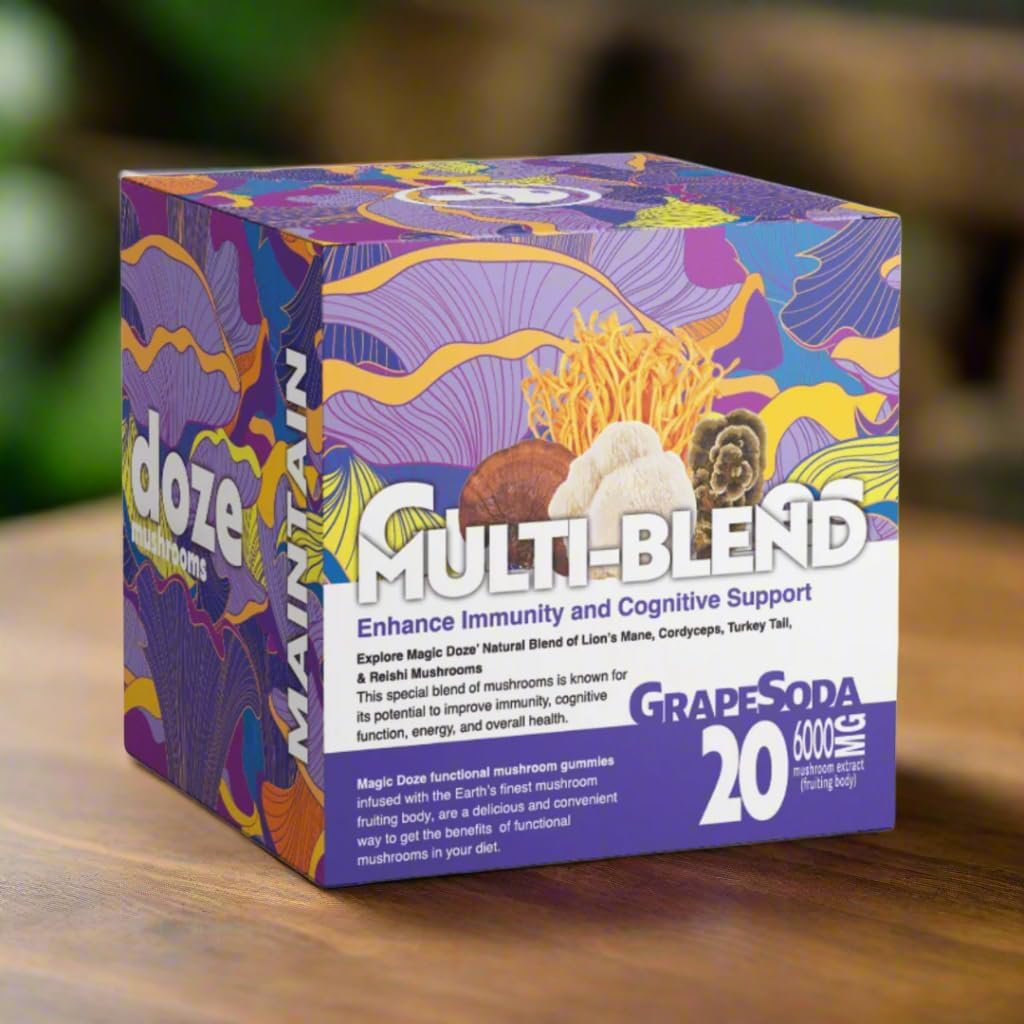 Magic Doze™ Maintain: Multi-Blend Mushroom Gummies, 6000mg Lion's Mane, Cordyceps, Reishi, and Turkey Tail Fruiting Body, 20 Vegan Gummies Per Bottle