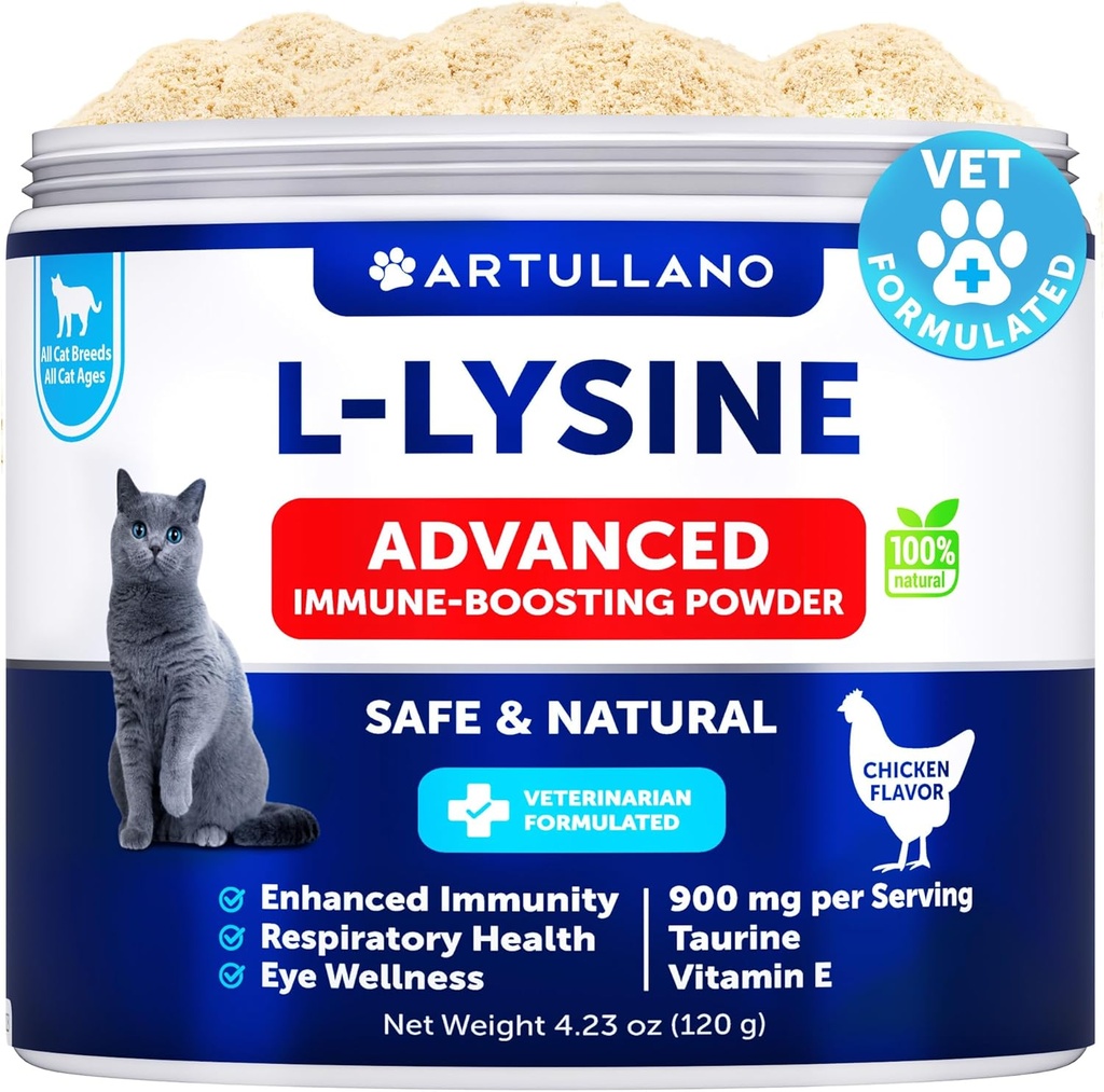 L-Lysine for Cats - Lysine Powder Supplement - 900mg/serving - Immune Support for Cats & Kittens - Sneezing, Runny Nose, Squinting, Watery Eyes, Cold, Eye Function, Respiratory Health - with Taurine