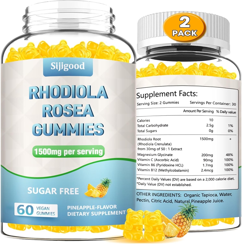 2 Pack Sugar-Free Rhodiola Rosea Gummies, Adaptogenic Rhodiola Rosea Supplement & Cortisol Blocker for Enhanced Stamina, Mood Elevation, and Motivation Boost, Non-GMO, Vegan, 120 Count