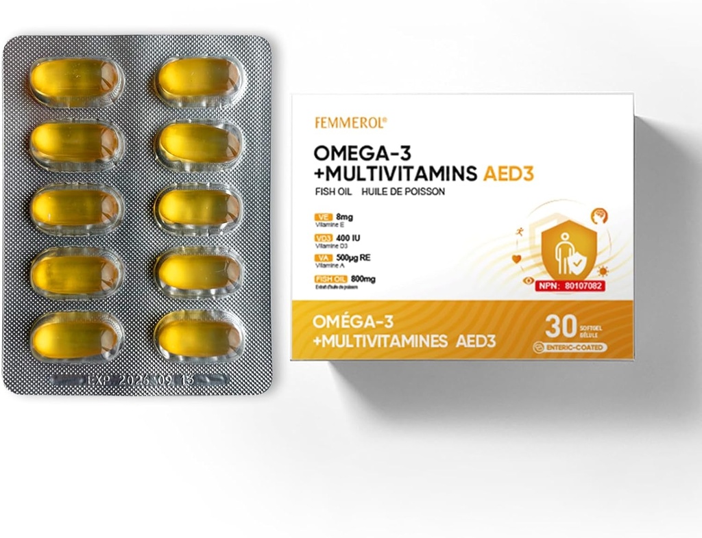 Multivitamins with Omega-3, Multivitamin for Women and Men, Enteric Coated Fish Oil DHA/EPA with Vitamin A, Vitamin E and Vitamin D3 for Immune Function Support (1 Box_30 Softgels)