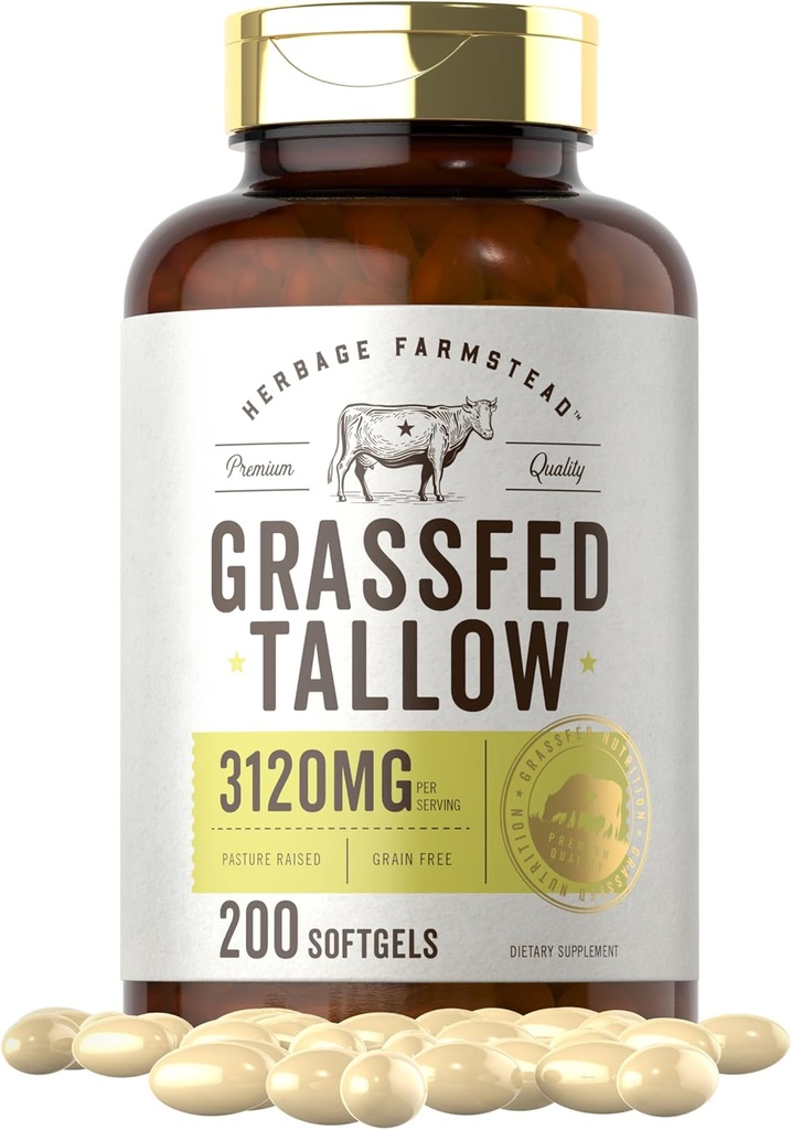 Carlyle Grass Fed Beef Tallow 3120mg | 200 Softgel Capsules | Pasture Raised Bovine Supplement | Non-GMO, Gluten Free | by Herbage Farmstead