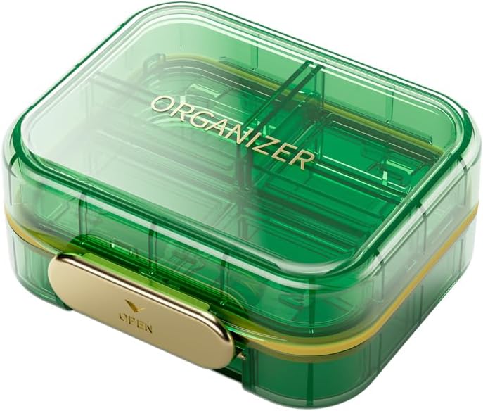 Small Travel Pill Organizer, 7 Compartments Pill Box, 1 Pack Daily Portable Pill Case to Hold Vitamins, Small Pill Container for Pocket Purse Medicine Organizer | Green