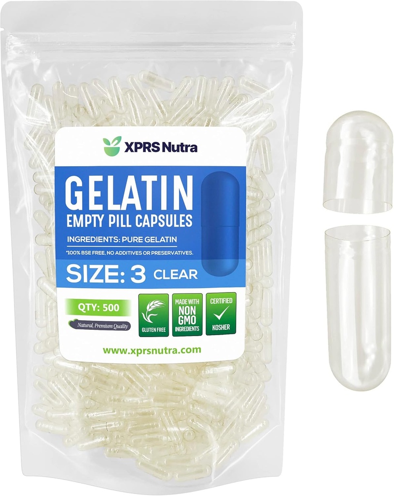 XPRS Nutra Size 3 Empty Capsules - 500 Count Clear Empty Gelatin Capsules - Pills DIY Capsule Filling - Pure Bovine Pill Gel Caps Fillable for Do-It-Yourself Vitamins and Supplements