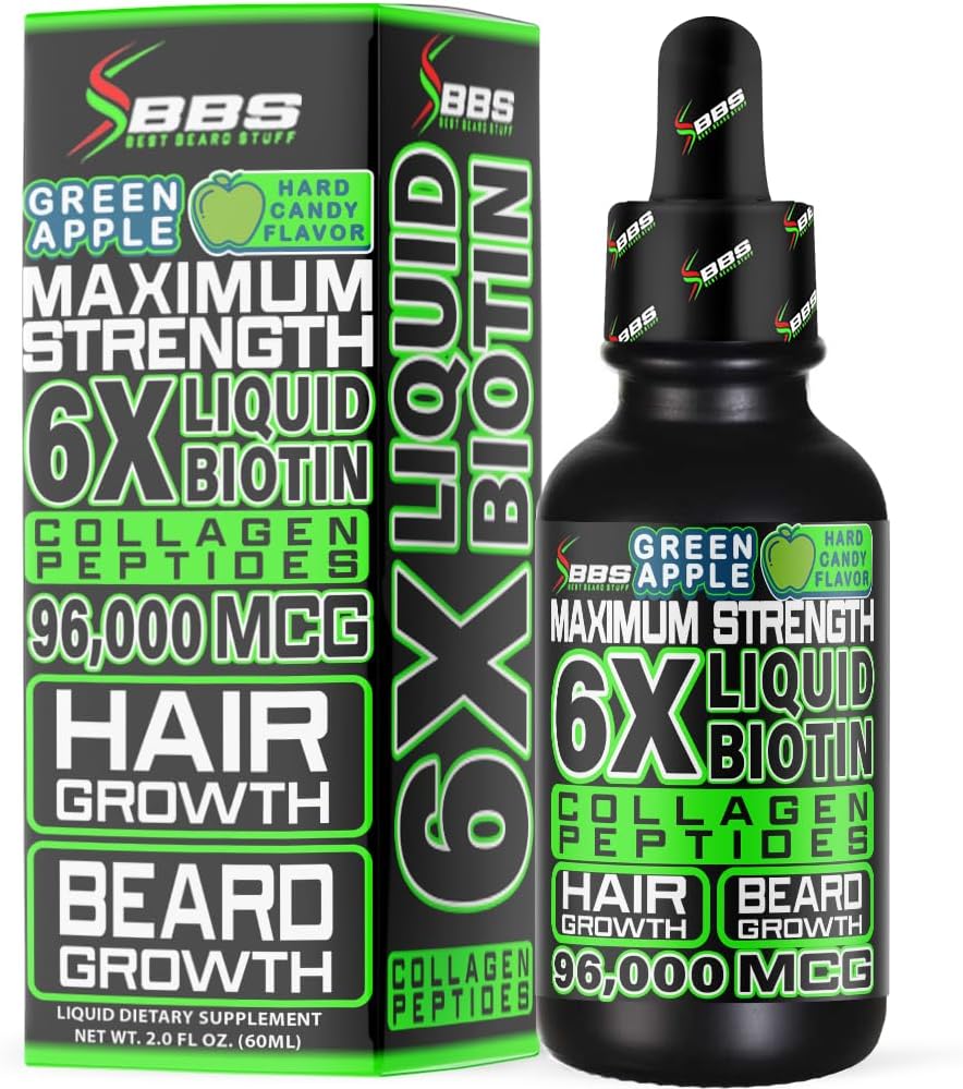 Liquid Biotin Collagen Peptides for Beard Growth and Thickening - Men's Beard and Hair Growth Supplement - Biotin Liquid Drops 96,000mcg 6X More Absorption