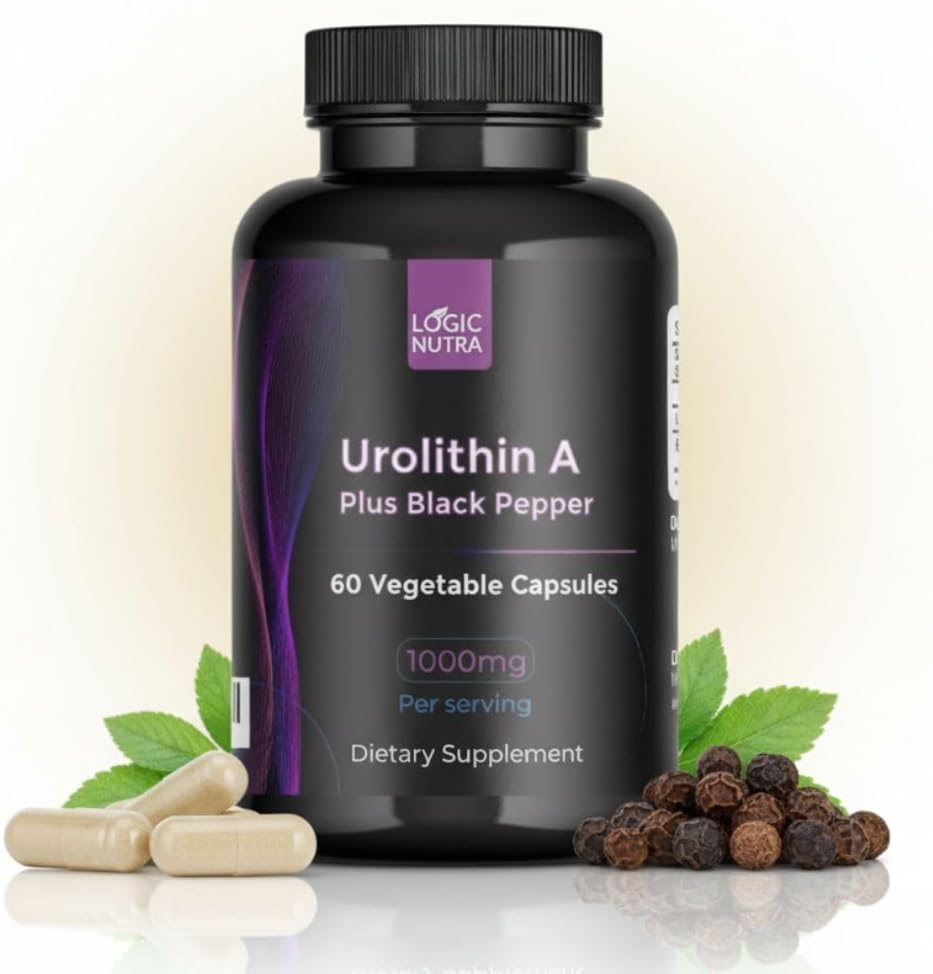 Urolithin A Plus Black Pepper Extract - 1000mg per Serving - Non-GMO, Vegan and Gluten-Free - 60 Veggie Capsules - Dietary Supplement (Unflavored)