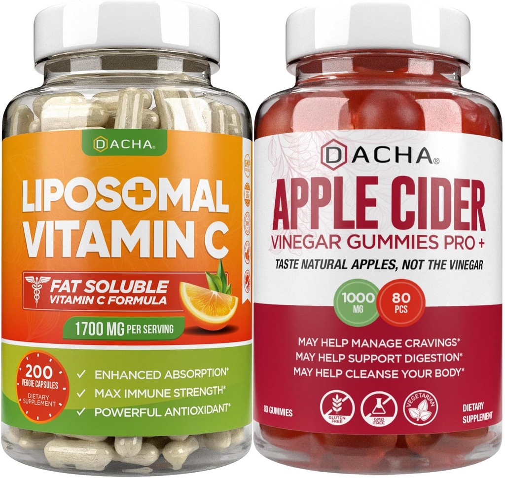 Ultimate Immune Boost Bundle - Liposomal Vitamin C & Apple Cider Vinegar Gummies, Detox and Cleanse, Weight Loss Support ACV with Mother, Stomach Friendly, High Absorb Potency Ascorbyl Palmitate