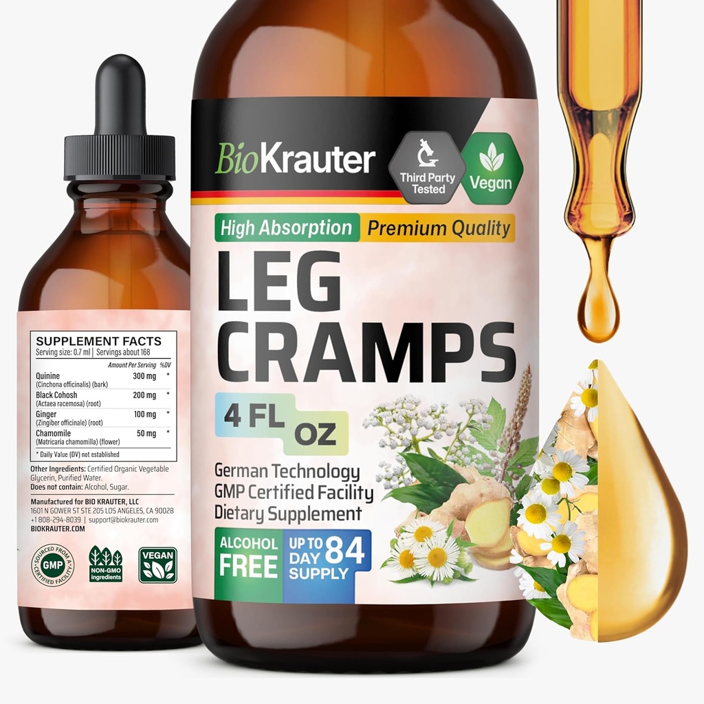 BIO KRAUTER Leg Cramps Tincture with Quinine - Ginger & Chamomile Liquid Extracts for Leg Cramps - Natural Alcohol & Sugar Free Formula - Vegan Drops 4 Fl.Oz.
