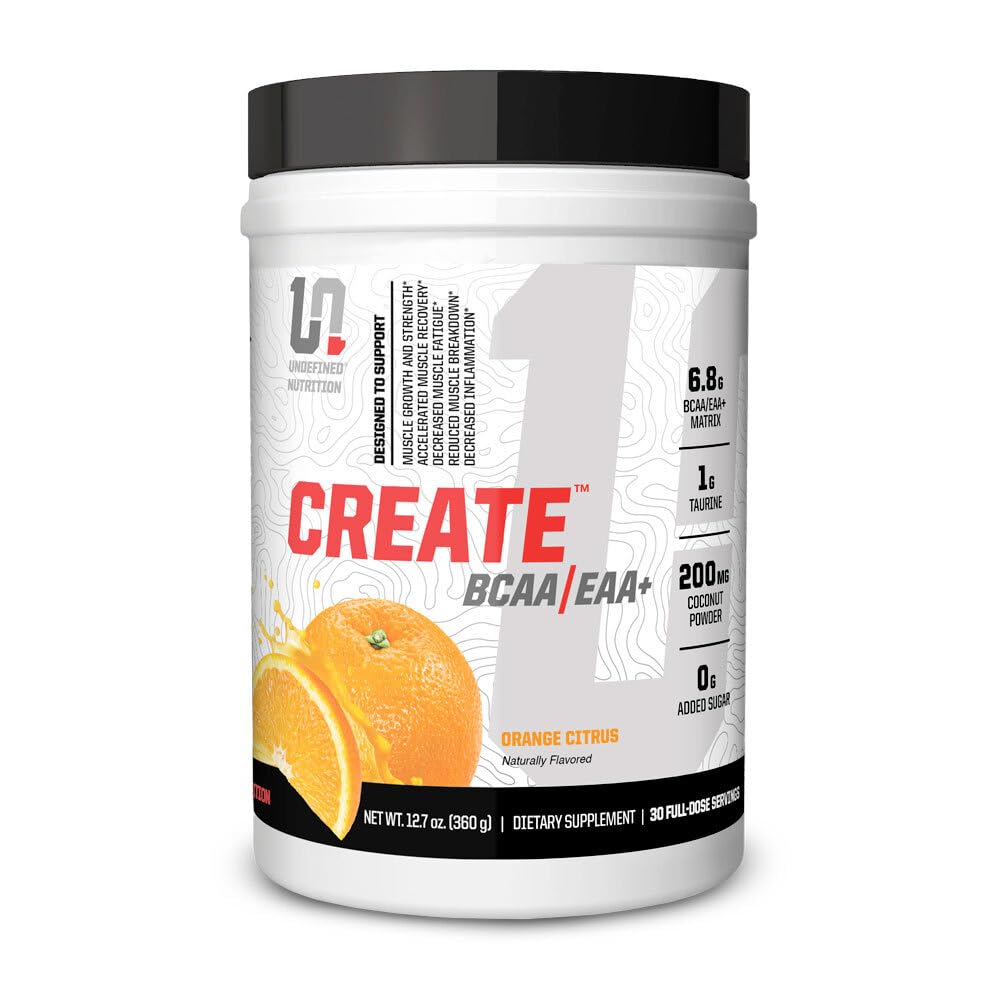Undefined Nutrition Create BCAA/EAA+ by Brian Shaw -Muscle Recovery & Endurance, 6.8g BCAA/EAA Matrix -Full Spectrum BCAA + Essential Amino Acids Supplement – 30 Servings (127 oz, Orange Citrus)