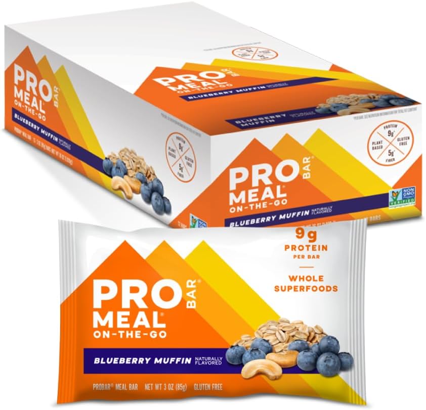 PROBAR - MEAL Bar, Blueberry Muffin, Non-GMO, Gluten-Free, Healthy, Plant-Based, Whole-Food Ingredients, Natural Energy (12 Count)