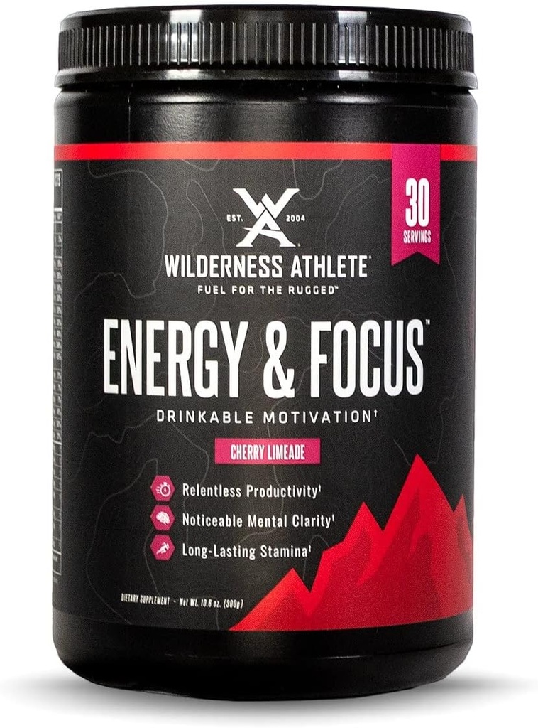 Wilderness Athlete - Energy & Focus | Energy Pre Workout for Women & Men - Energy Powder Drink Mix with Natural Caffeine - Low-Carb, Zero Sugar Workout Powder - 30 Serving Tub (Cherry Limeade)