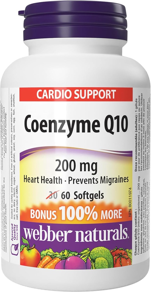 Webber Naturals Coenzyme Q10 (CoQ10) 200 mg, 60 Softgels, High Potency Antioxidant Supplement, for Heart Health and Cellular Energy Production, 60 Day Supply, Gluten Free