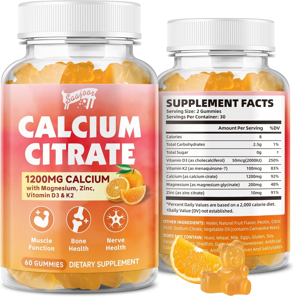 Calcium Citrate Gummies 1200 mg with Vitamin D3, K2, Magnesium, Zinc, Bone Support for Bones, Muscles & Joints,Immunity & Memory Support, 60 Count