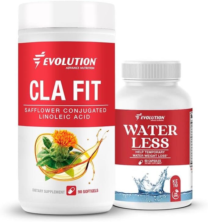 Evolution Advance Sport Nutrition CLA Fit – Safflower Conjugated Linoleic Acid Supplement, Support Lean Muscle Mass, Promote Energy (90 Softgels)+Water Less – Reduces Water Retention (60 Capsules)