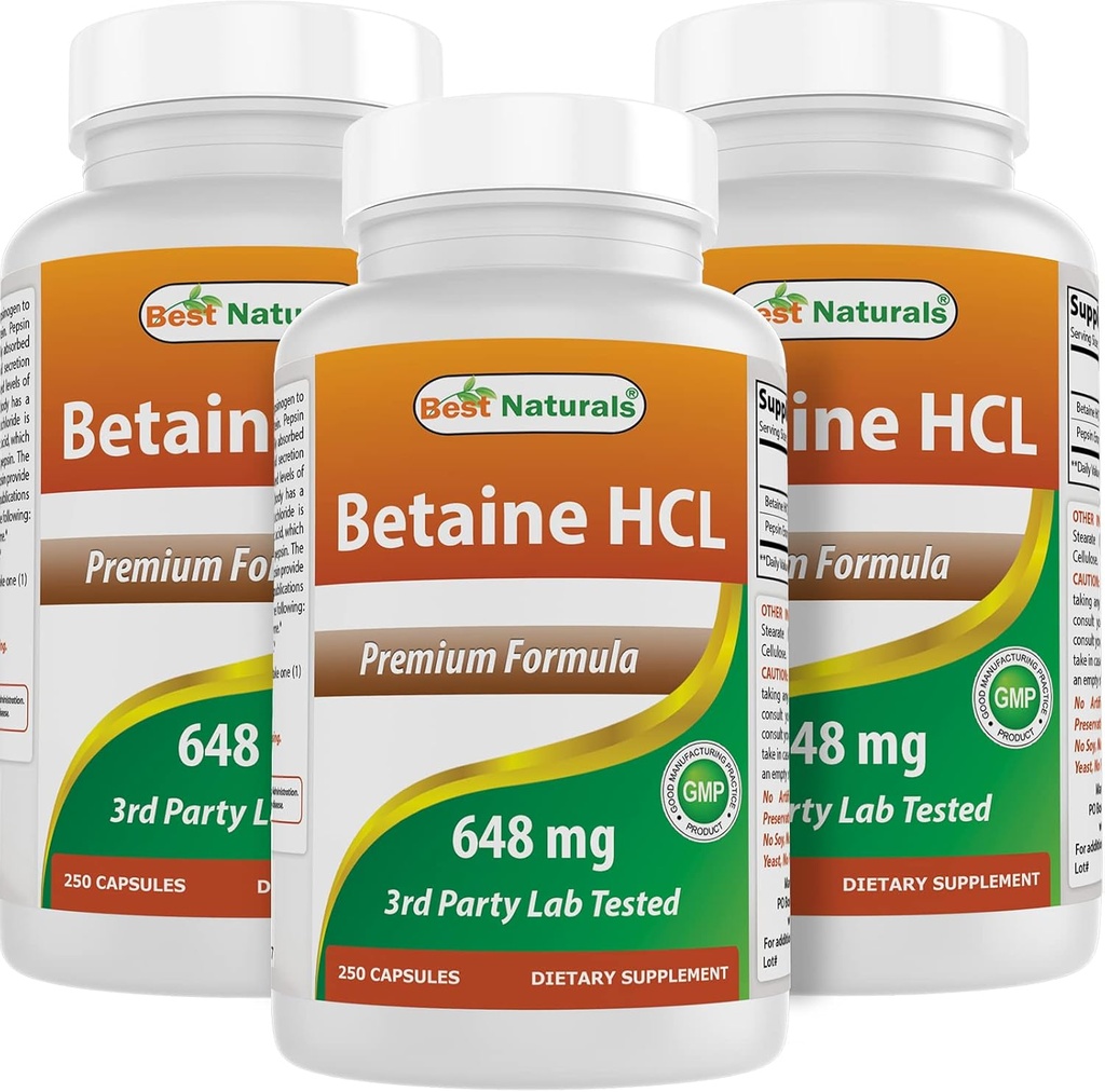 Best Naturals Betaine HCL 648 mg 250 Capsules (250 Count (Pack of 3))