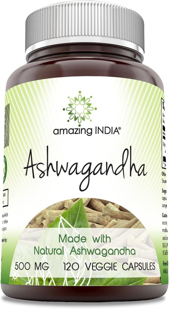 Amazing India Ashwagandha Supplement | 500 Mg Per Serving | 120 Veggie Capsules | Non-GMO | Gluten Free | Made in USA | Ideal for Vegetarians