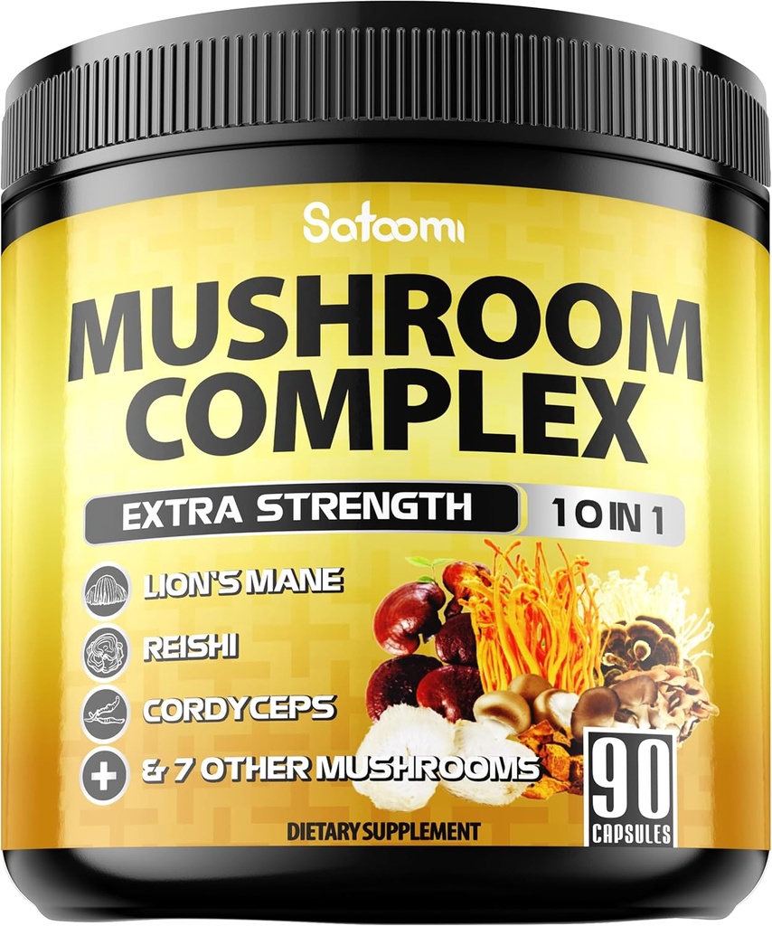 Satoomi 10in1 Mushroom Supplement Complex - Lions Mane, Cordyceps, Reishi, Chaga and 6 More - Brain Supplements for Memory & Focus - 90 Count - 3 Months Supply