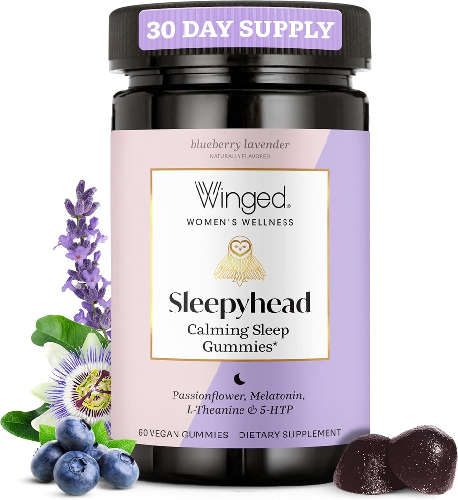 Winged Wellness Sleepyhead Natural Sleep Gummies for Women - Prime Sleep Support Aid for Adults with 3mg Melatonin, L-Theanine, 5-HTP - Blueberry Lavender Flavored - 30 Servings