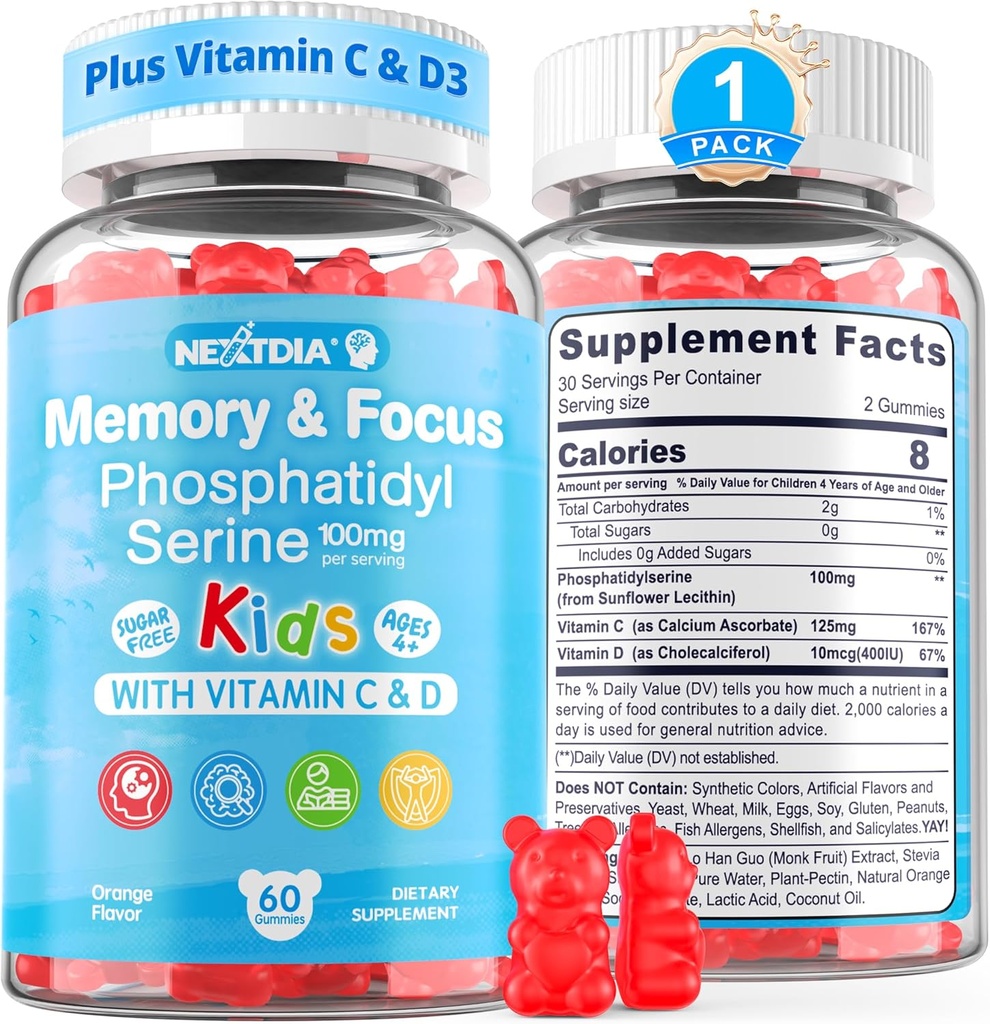 Phosphatidylserine Supplement 100mg, Focus Gummies for Kids Teens + Vitamin C & D3 400IU, Sugar Free Kids Brain Gummies Increase Attention & Concentration, Chewable, Vegan, Gluten Free, Non-GMO 60Cts