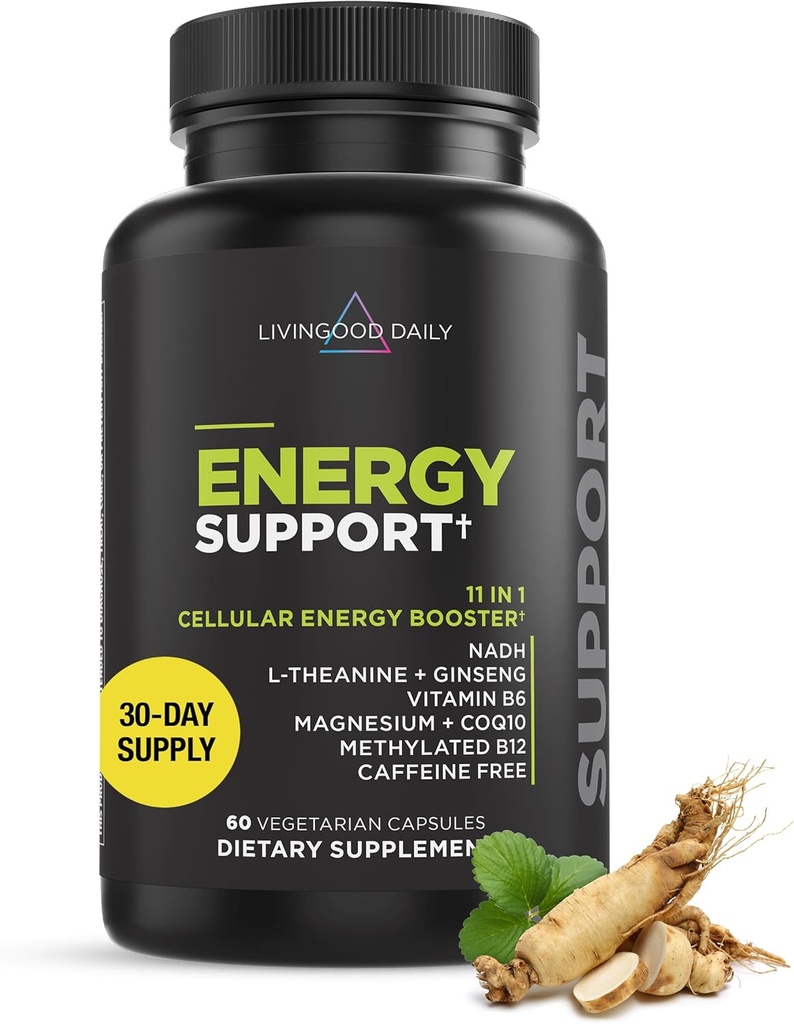Livingood Daily Energy Support, 11-in-1 Supplement with Magnesium, Vitamin B6, B12, Amino Acids, L Carnitine, CoQ10, Ginseng & L Theanine, Supports Natural Energy for Men & Women, Vegan, 60 Capsules