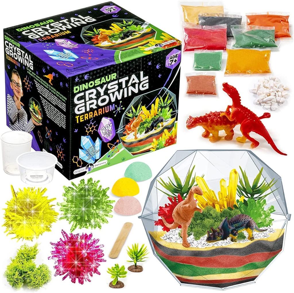 Original Stationery Dinosaur Crystal Growing Kit - Multicolor, 17-Piece, Ages 7 & Up - DIY Science Terrarium Kit with Moss & Dino Figures - Grow Your Own Crystals - Boys Birthday Gifts
