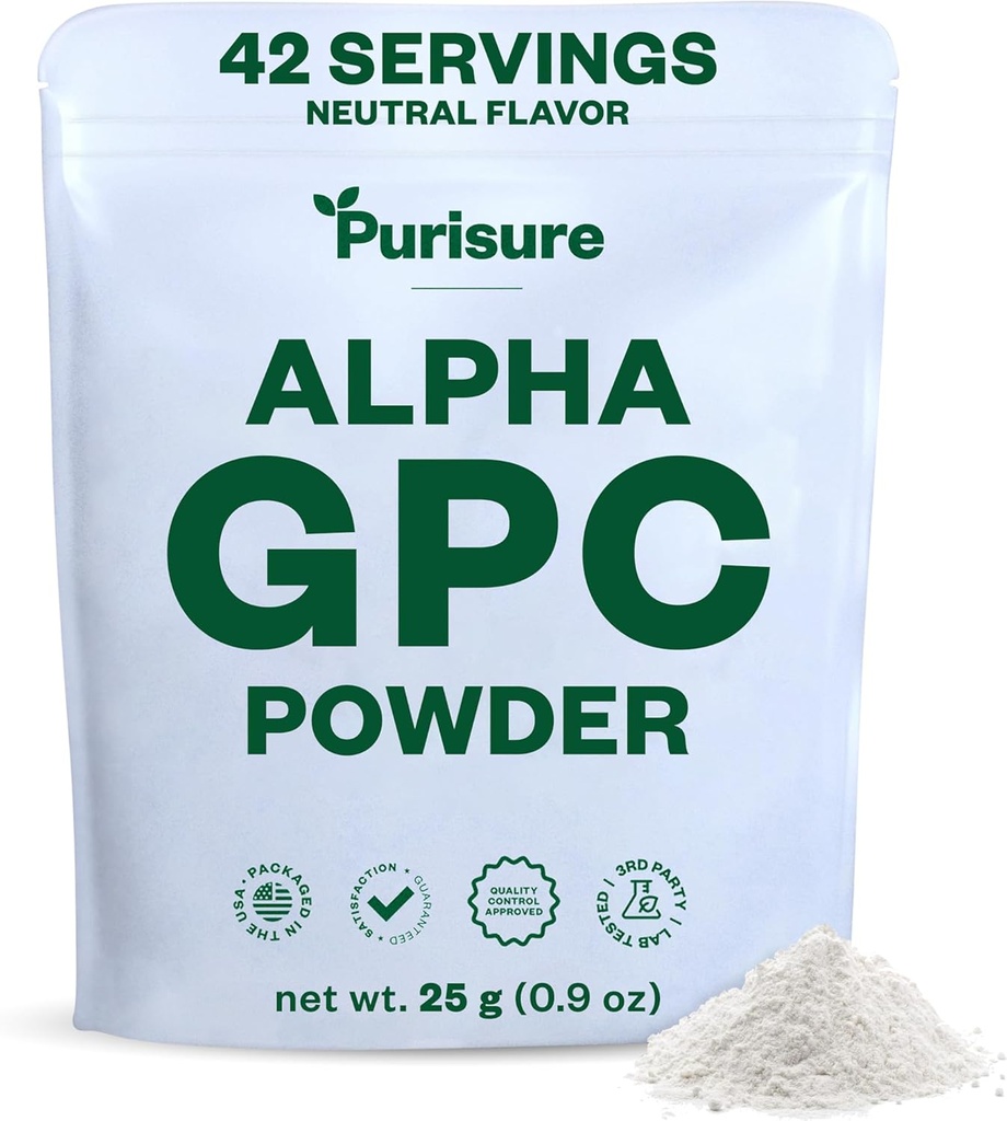 Purisure Alpha GPC Powder, 25 g, Pure Alpha GPC Choline Supplement for Brain and Focus, CDP Choline Supplements for Memory Performance & Concentration, No Fillers, Non-GMO, Offers 42 Servings