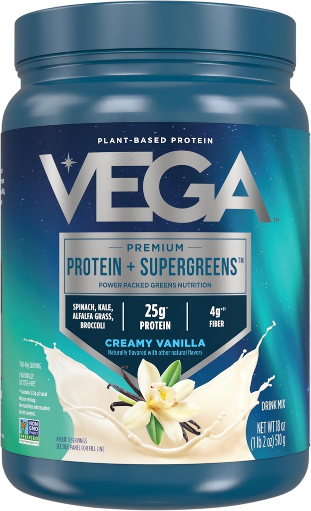Vega Protein and Greens Protein Powder Creamy Vanilla (11 Servings) 25g Plant Based Protein Plus Veggies, Vegan, Non-GMO, Pea Protein for Women and Men, 1.2lbs