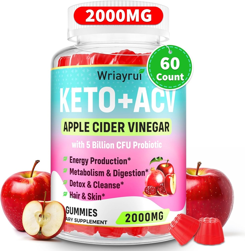 Apple Cider Vinegar Gummies, Fast Ripped Keto ACV Gummies, Max Strength 2000mg, Formulated with Green Tea, B6 & B12, Probiotics, ACV for Metabolism, Digestion, Detox & Cleanse, 60 Counts
