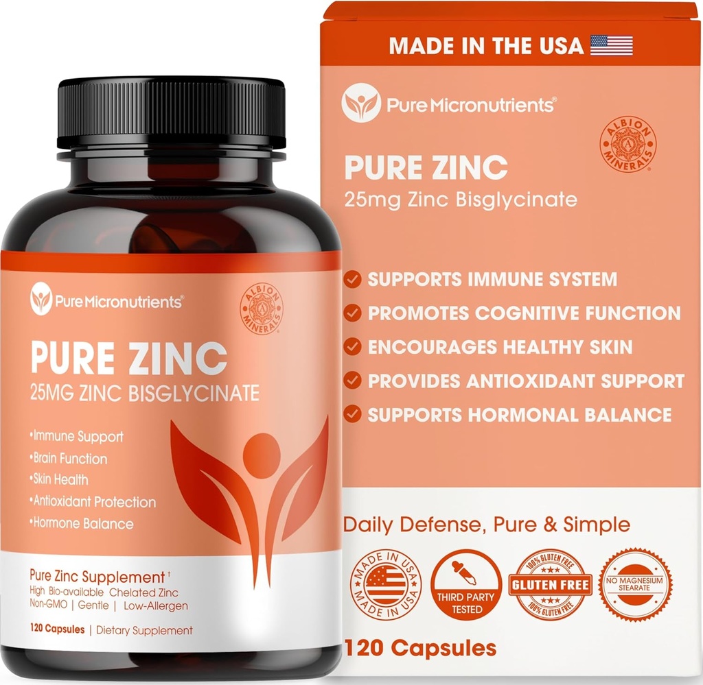 Pure Zinc Supplement 25mg - TRAACS Bisglycinate Chelate - 120 Capsules for Immune Support, Skin Health & Energy - for Men & Women