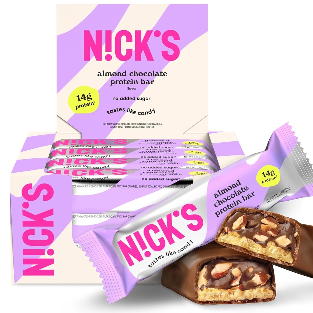 Nick's Protein Bars Chocolate | High Protein | Lowcalories | Low Carb Keto Friendly Snacks No Added Sugar (Multipack 12 bars x 50g) (12 Count (Pack of 1), Almond Chocolate)