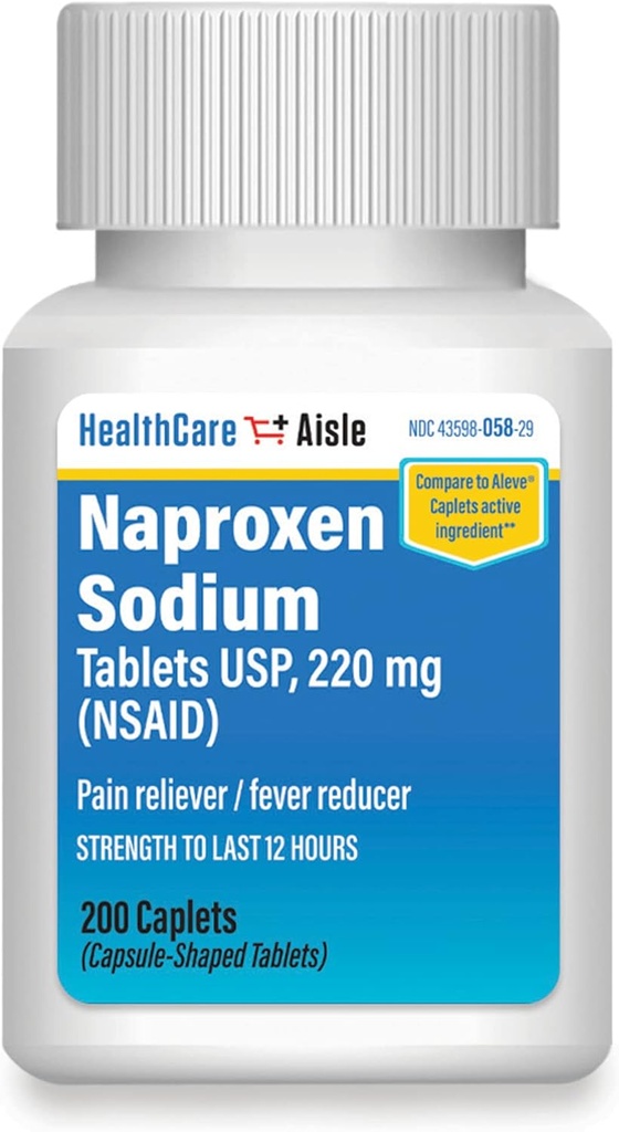HealthCareAisle Naproxen Sodium, 220 mg - 200 caplets - Pain Reliever and Fever Reducer, Up to 12 Hours of Relief